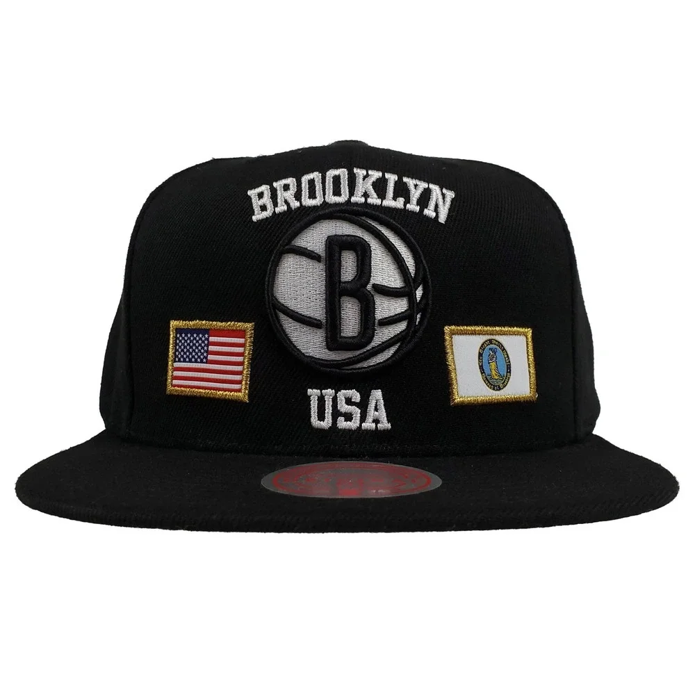 Brooklyn Nets Mitchell & Ness NBA Snapback Hat Cap 3D Logo‎ Flag Art Black NWT